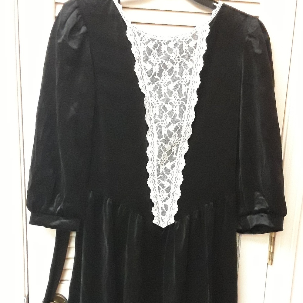 Black Velvet Lace Peasent Dress Vintage Boho 11 12